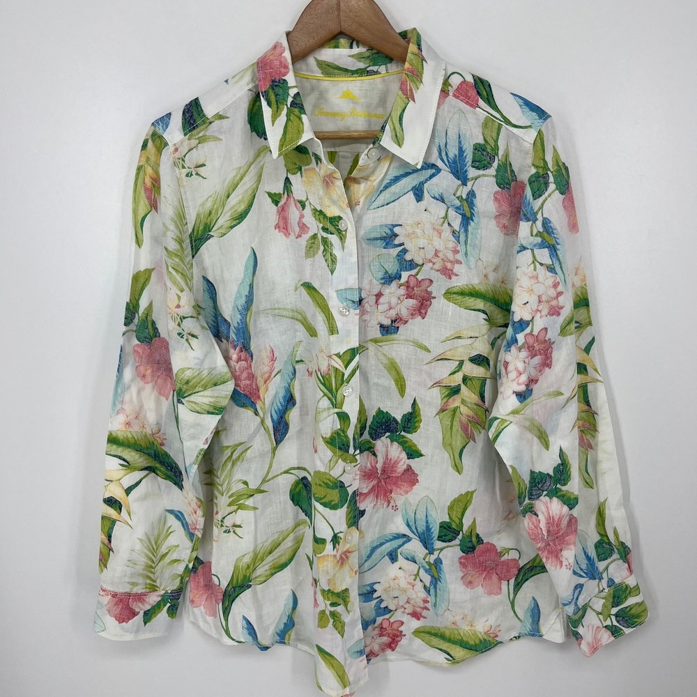 Tommy Bahama Womens Large Linen Tropical Floral Button Down Shirt White Hibiscus